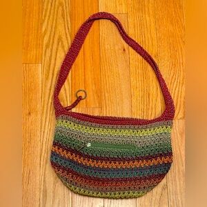 THE SAK Crochet Boho Shoulder Handbag Hobo Bag Red Yellow Gray Green Zip Closure